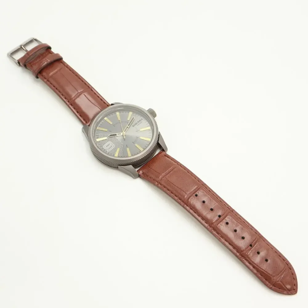 Diesel Mens Gunmetal Gray 46mm Watch Brown Faux Leather DZ1843 w New Battery